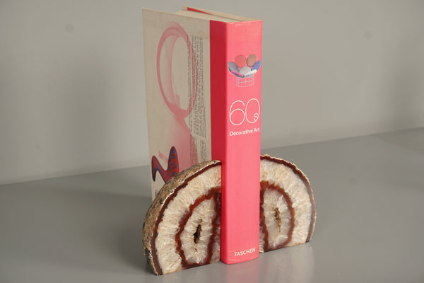 Vintage Pair Agate Geode Bookends 1970s Pink Cream Stone