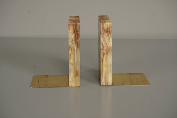 Vintage Bookend Pair Marble-Onyx Polished 1970s Beige Gold - Image 3