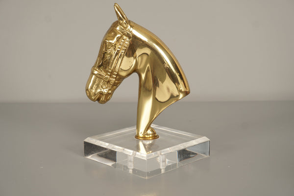 Brass Horse Bust Statue Plexiglass 1970s Gold