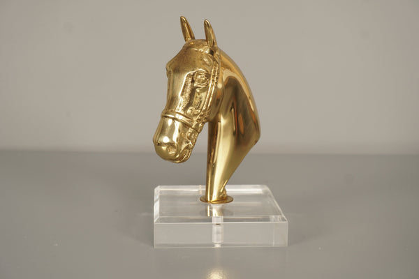 Brass Horse Bust Statue Plexiglass 1970s Gold - Image 2