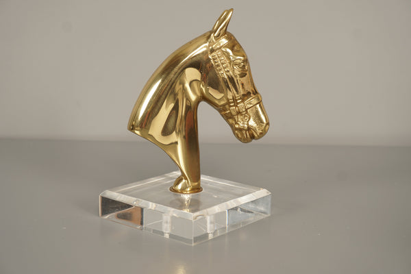 Brass Horse Bust Statue Plexiglass 1970s Gold - Image 4