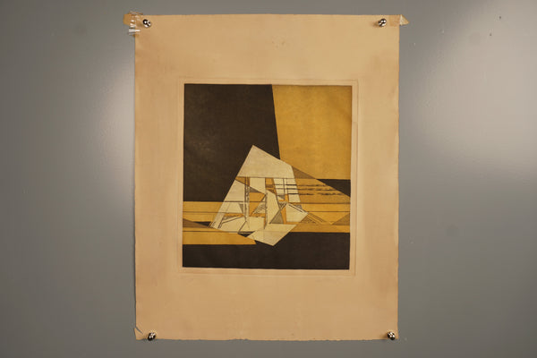 Gerhard Wind Print Original Etching 1960s Yellow Ochre Paper