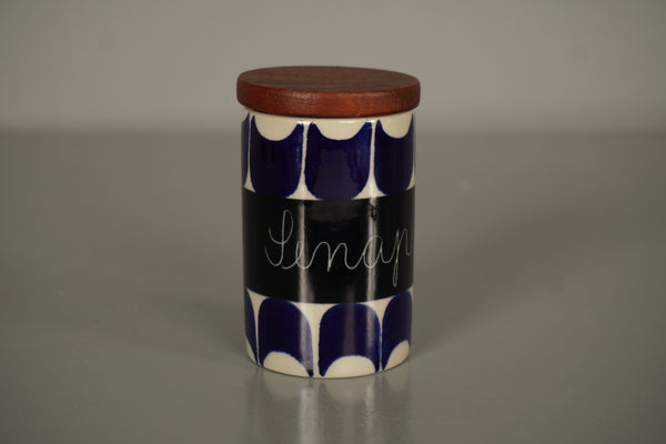 Rörstrand Sweden Marianne Westman Vintage Ceramic Jar Teak Lid Senap 1960s Blue White