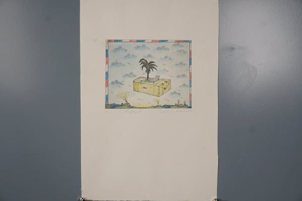 Beatrice Dolezalek Art Print Vintage Etching Airmail 1980s Blue Paper