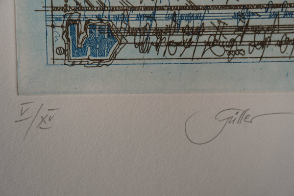 Leslie G. Hunt Print Vintage Etching Pen 1980s Blue Paper - Image 7