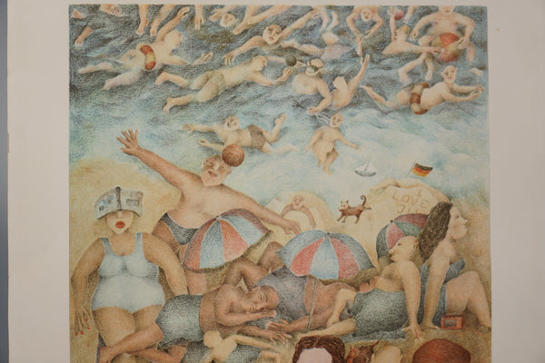 Vintage Etching Art Print 'Urlaubsfreunden' 80s Beige Blue Paper - Image 5