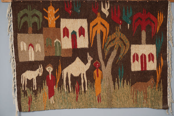 Vintage Wall Tapestry Wall Hanging Egypt 1950s Naive Art Wool Tapestry