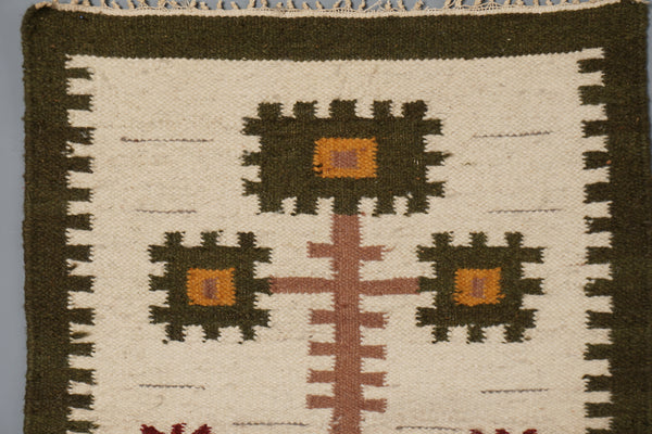 Vintage Wall Tapestry Wall Hanging Rug 1960s Cream Olive Green Wool - Image 3