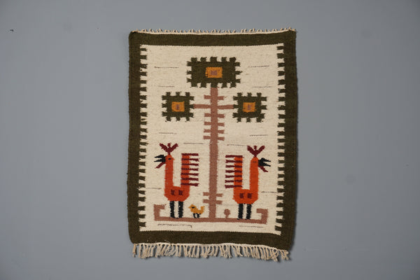 Vintage Wall Tapestry Wall Hanging Rug 1960s Cream Olive Green Wool - Image 10
