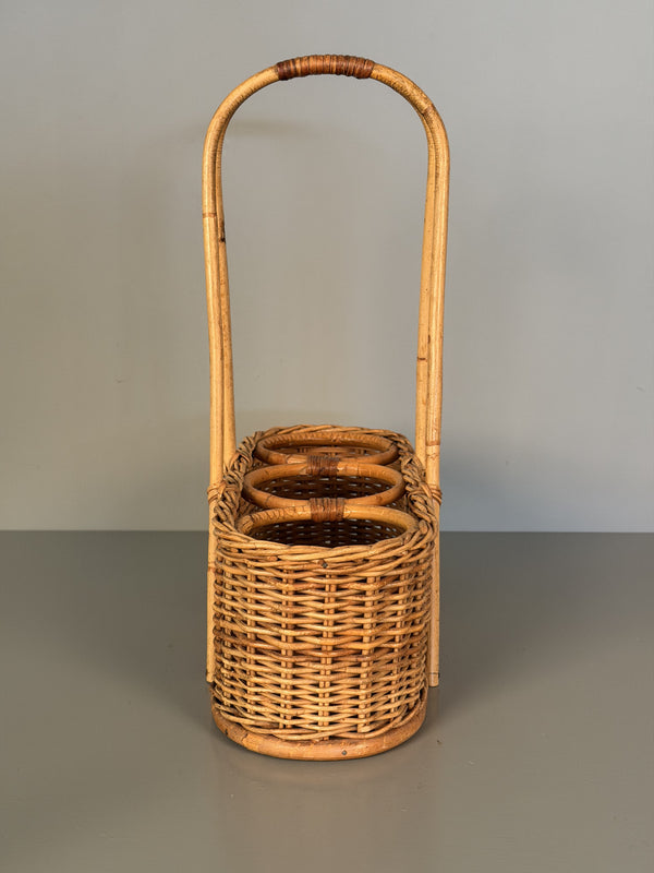 Vintage Rattan Wicker Wine Carrier Basket 1960s Tan Beige - Image 2