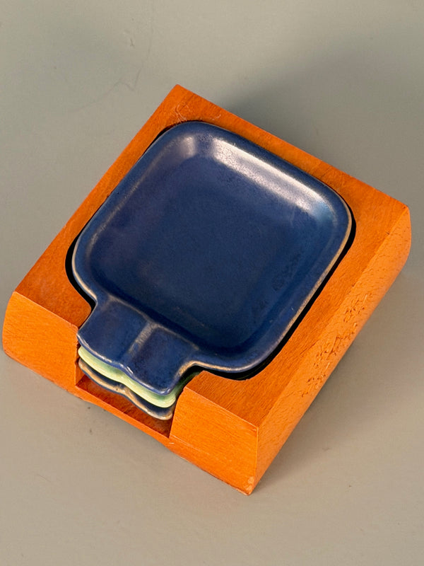 Vintage Ashtray Set 3-Piece Ceramic and Wood 1960s Mid Century - Image 6