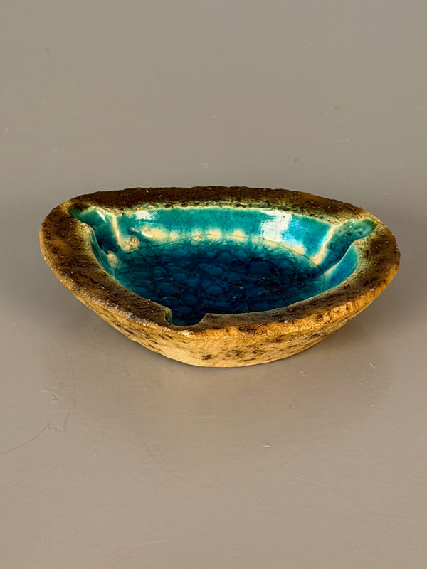 Vintage Ashtray Ceramic 1960s Teal Brown Craquelé Glaze - Image 2