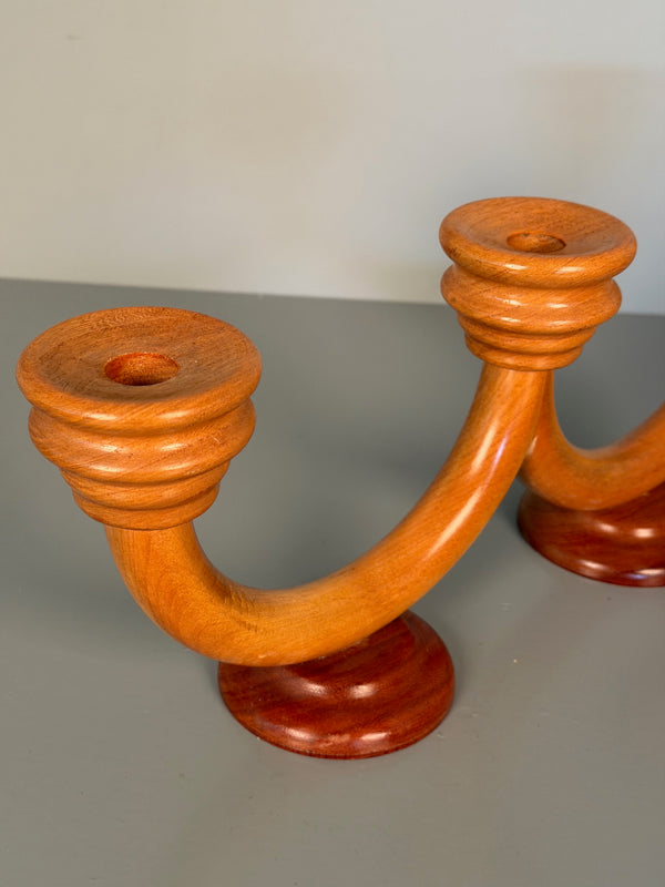Vintage Candlestick Art Deco Wood 3-Arm Candle Holder 1930s Honey Mahogany - Image 4