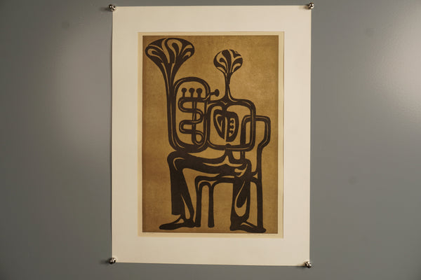 Vintage Art Print Figurative Abstract Graphic Blower Motif 60s Brown/Black