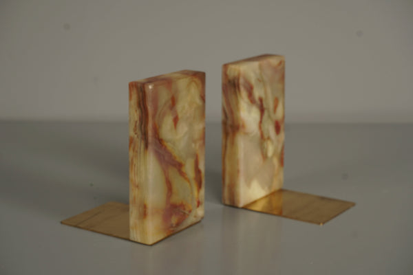 Vintage Bookend Pair Marble-Onyx Polished 1970s Beige Gold - Image 2