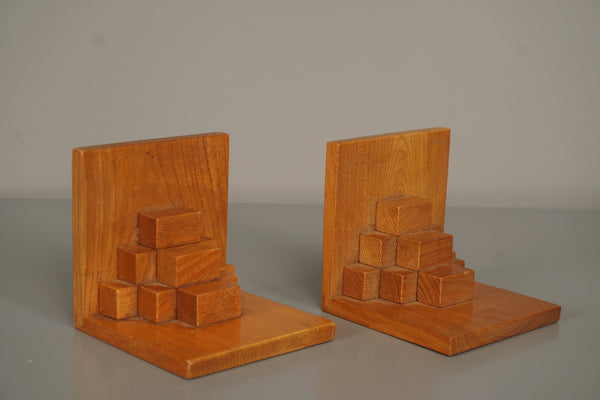 Vintage Pair of Wooden Beech Bookends 1950s Brown