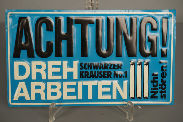 Vintage Metal Sign Achtung Dreharbeiten 1970s Blue White