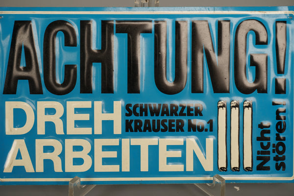 Vintage Metal Sign Achtung Dreharbeiten 1970s Blue White - Image 3