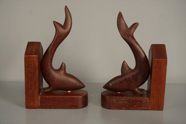 Vintage Teak Wood Bookends 1960s Brown Cream Mid-Century Modern