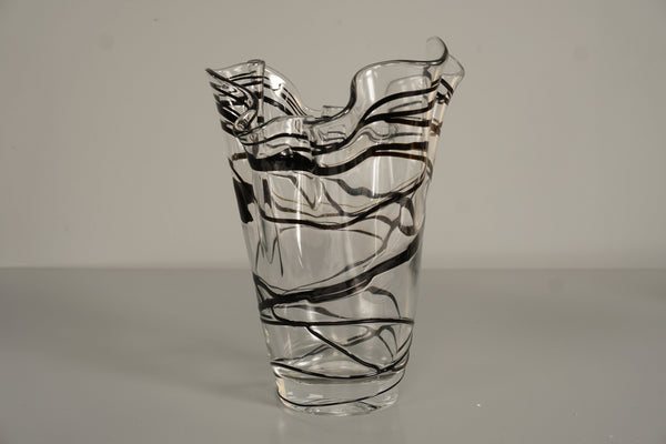 Vintage Fazzoletto Glass Vase 1970s Black Clear Glass