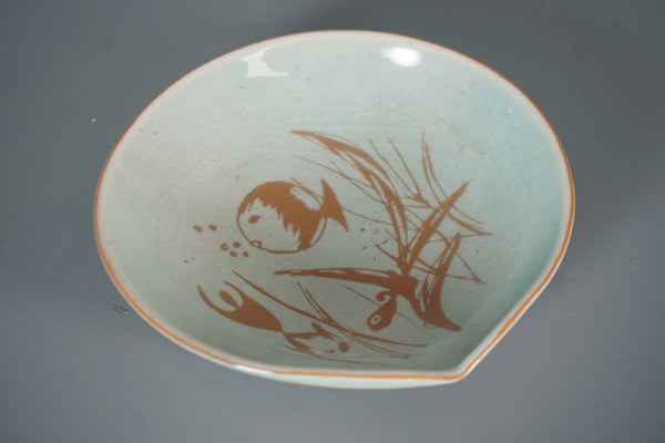 Vintage Ceramic Bowl 1950s Signed 'E.S.' Fish Underwater Motif