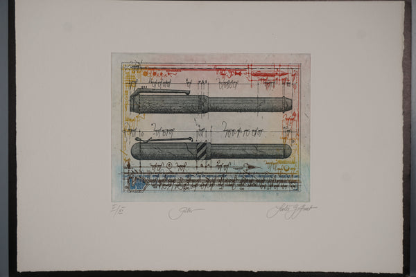 Leslie G. Hunt Print Vintage Etching Pen 1980s Blue Paper