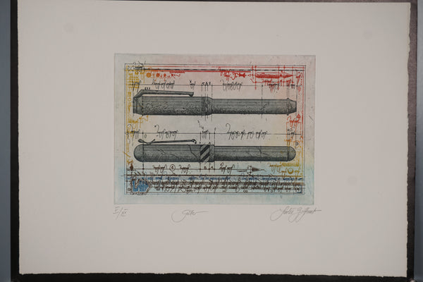 Leslie G. Hunt Print Vintage Etching Pen 1980s Blue Paper - Image 2