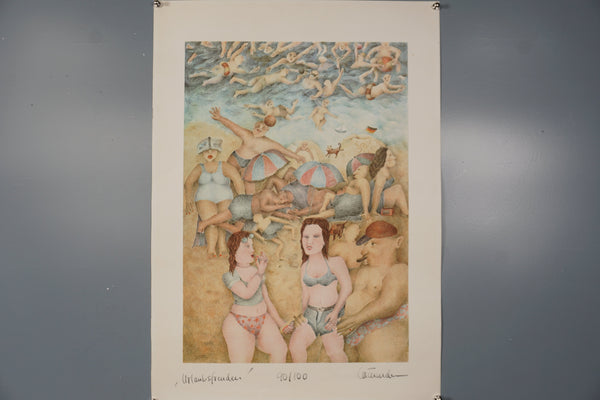 Vintage Etching Art Print 'Urlaubsfreunden' 80s Beige Blue Paper - Image 2