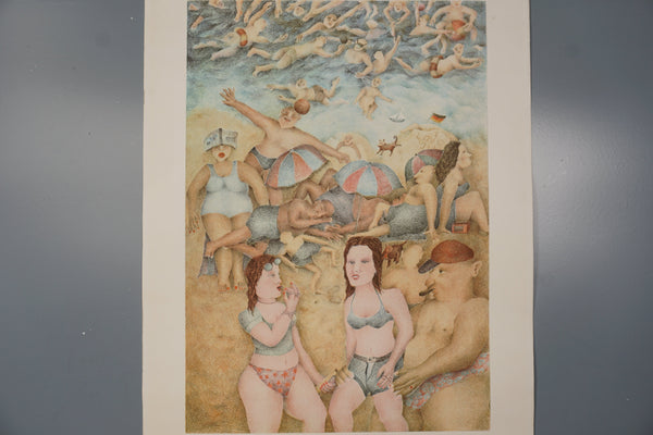 Vintage Etching Art Print 'Urlaubsfreunden' 80s Beige Blue Paper - Image 3