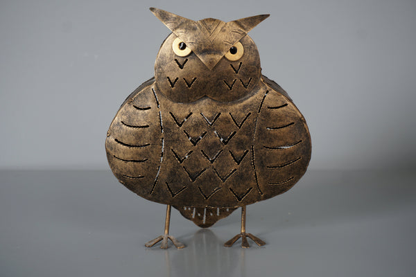 Vintage Owl Windlight Tealight Holder 1960s Bronze Tin and Brass