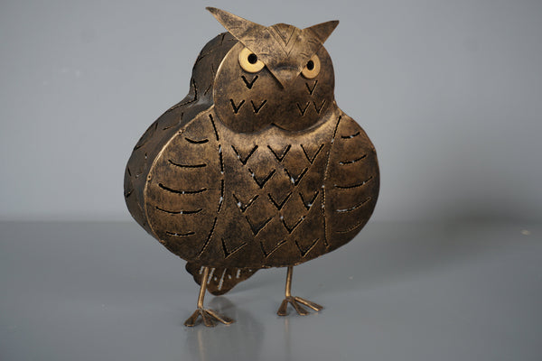 Vintage Owl Windlight Tealight Holder 1960s Bronze Tin and Brass - Image 9
