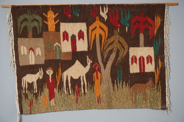 Vintage Wall Tapestry Wall Hanging Egypt 1950s Naive Art Wool Tapestry - Image 2