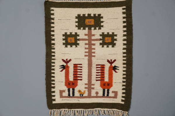 Vintage Wall Tapestry Wall Hanging Rug 1960s Cream Olive Green Wool