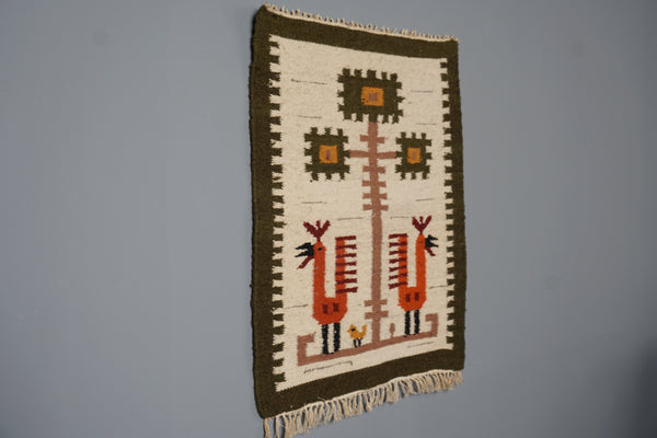 Vintage Wall Tapestry Wall Hanging Rug 1960s Cream Olive Green Wool - Image 9