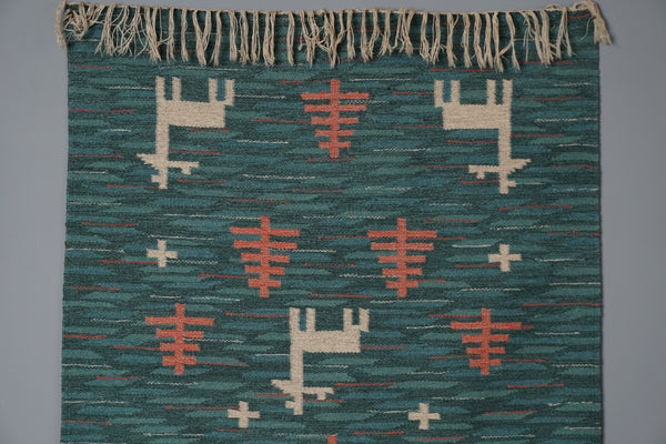 Polish Vintage Tapestry Wall Hanging 1960s Teal Wool - Image 3