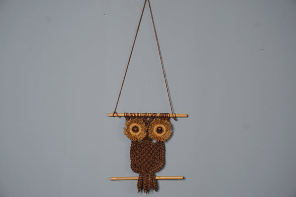 Vintage Owl Macrame Wall Hanging 1960s Handmade Wood Bamboo Natural Fiber