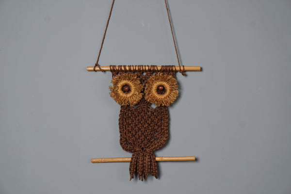 Vintage Owl Macrame Wall Hanging 1960s Handmade Wood Bamboo Natural Fiber - Image 2