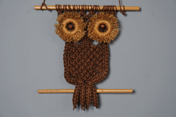 Vintage Owl Macrame Wall Hanging 1960s Handmade Wood Bamboo Natural Fiber - Image 3