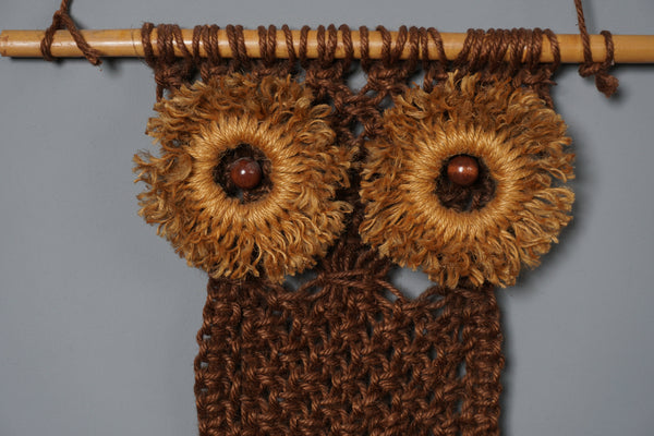 Vintage Owl Macrame Wall Hanging 1960s Handmade Wood Bamboo Natural Fiber - Image 4