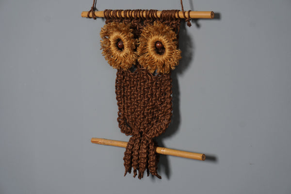 Vintage Owl Macrame Wall Hanging 1960s Handmade Wood Bamboo Natural Fiber - Image 7