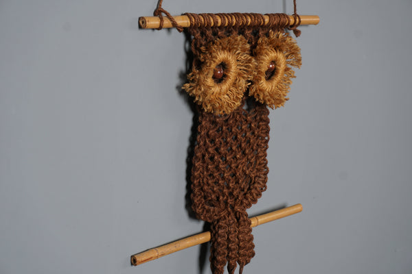 Vintage Owl Macrame Wall Hanging 1960s Handmade Wood Bamboo Natural Fiber - Image 8