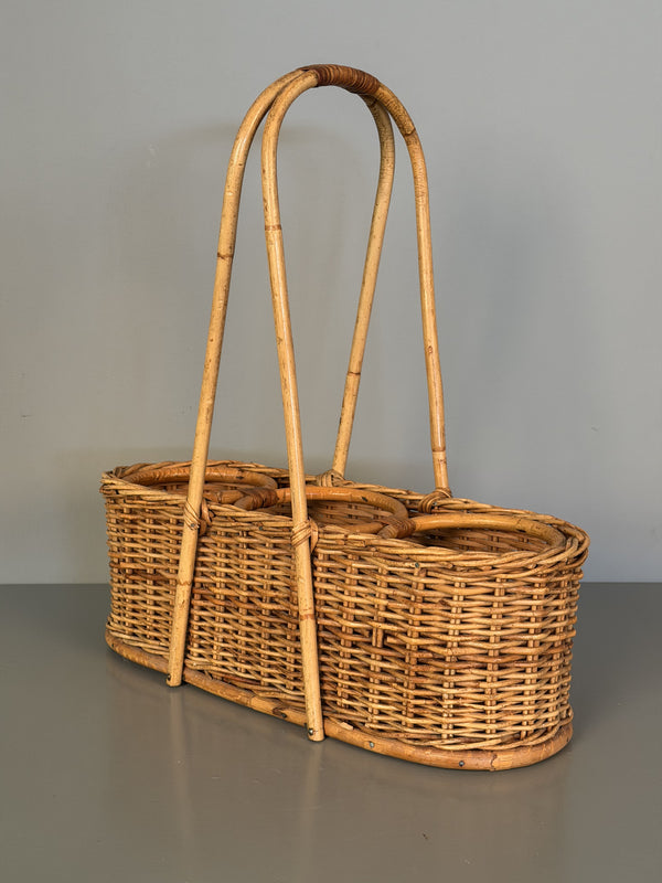 Vintage Rattan Wicker Wine Carrier Basket 1960s Tan Beige - Image 3