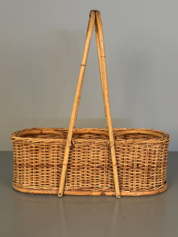 Vintage Rattan Wicker Wine Carrier Basket 1960s Tan Beige - Image 4