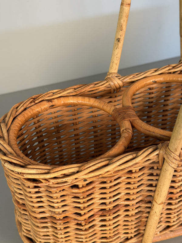 Vintage Rattan Wicker Wine Carrier Basket 1960s Tan Beige - Image 5