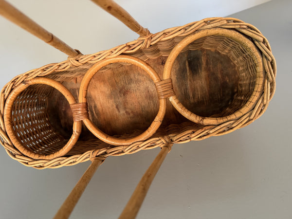 Vintage Rattan Wicker Wine Carrier Basket 1960s Tan Beige - Image 9