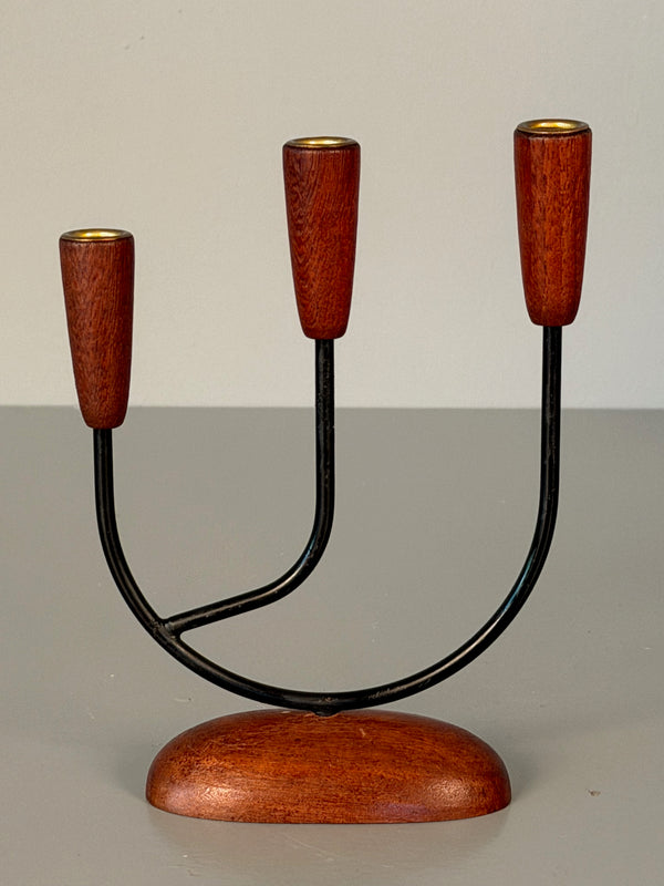 Vintage Candle Holder Teak Wood Metal Brass 1960s Denmark Scandinavian String Style