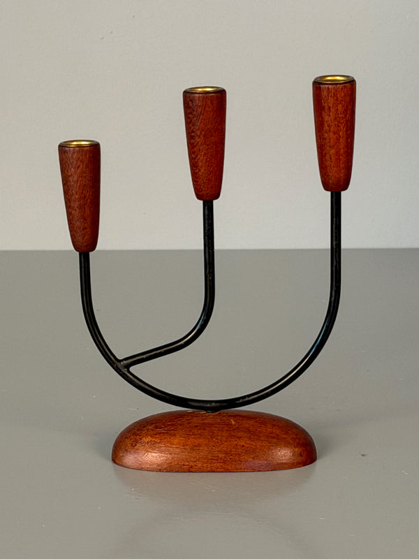Vintage Candle Holder Teak Wood Metal Brass 1960s Denmark Scandinavian String Style - Image 2