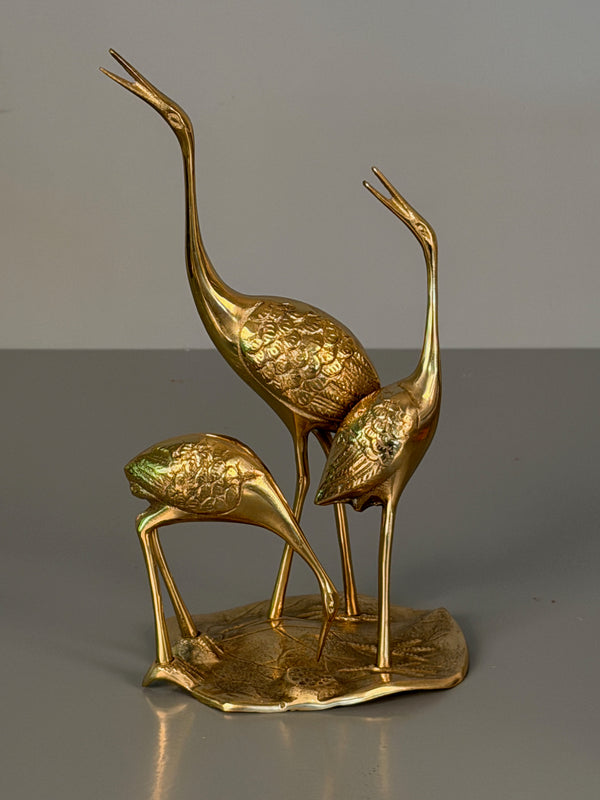 Vintage Brass Figurine Statue Cranes Birds 1960s Mid Century