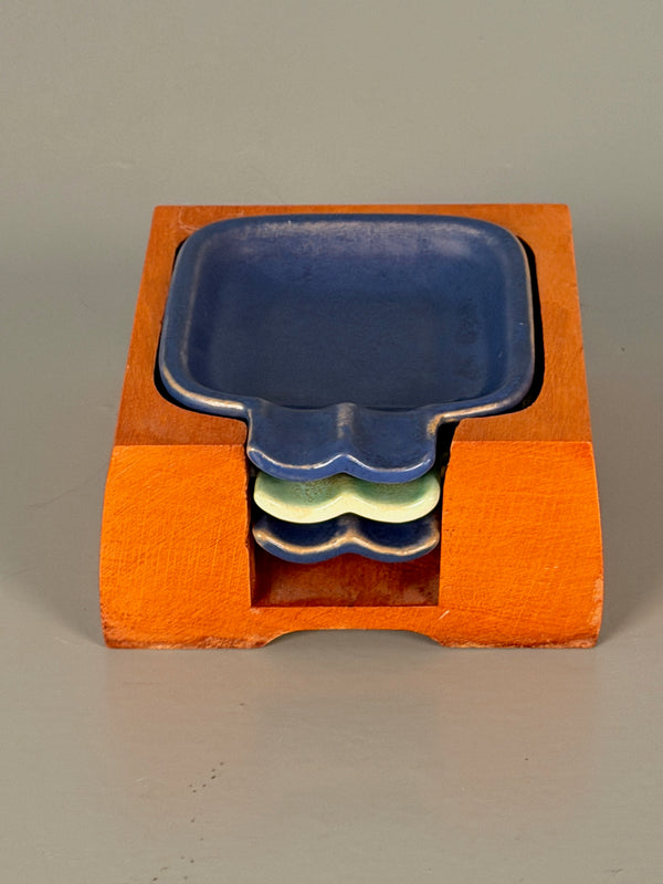 Vintage Ashtray Set 3-Piece Ceramic and Wood 1960s Mid Century - Image 3