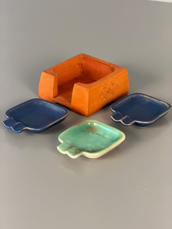 Vintage Ashtray Set 3-Piece Ceramic and Wood 1960s Mid Century - Image 7
